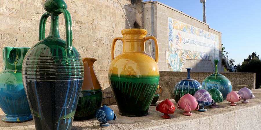 Colourful Grottaglie style ceramics on display